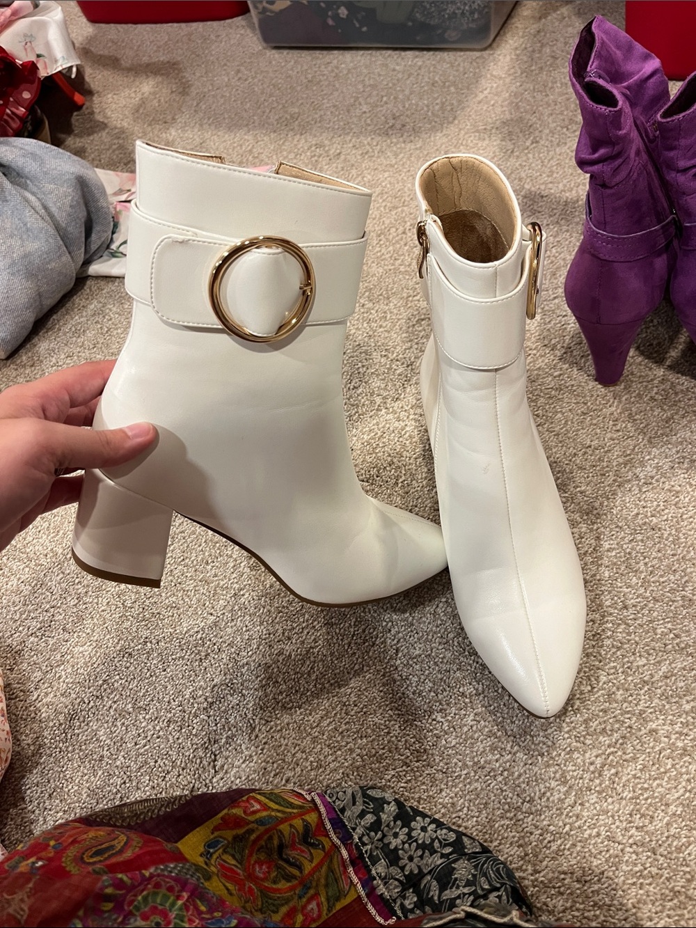 White Leather Ankle Boots with Gold Buckle